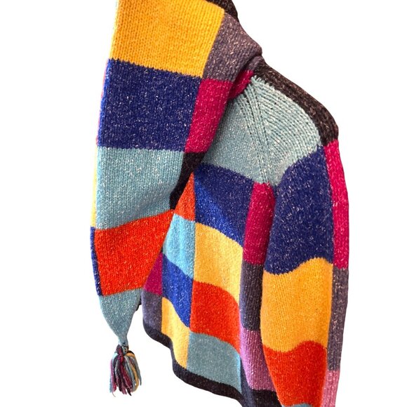 Rainbow Patchwork Hand Knitted Hooded Sweater Dopamine Boho Indie Y2K Full Zip - Picture 4 of 4